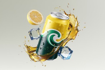 Poster - Refreshing lemon-flavored drink in a can, splashing with ice cubes.