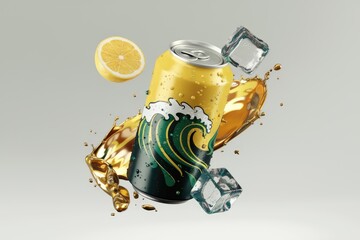 Poster - Refreshing lemon-flavored canned drink with a wave design, ice cubes, and a splash of liquid.