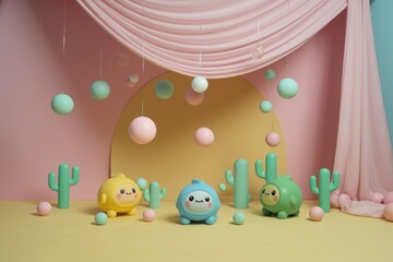 Aufkleber - Adorable pastel-colored cartoon characters and cacti in a whimsical setting with hanging balloons.