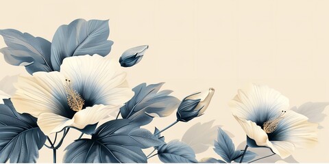Fototapete - A close-up of a representation of a moonflower on a light beige backdrop with an extensive area for text using an ornamental piece, Generative AI.