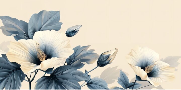 A close-up of a representation of a moonflower on a light beige backdrop with an extensive area for text using an ornamental piece, Generative AI.