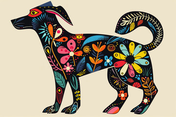 Poster - Line art of a dog with bold, colorful designs inside the dog's body, showcasing a playful and whimsical style.