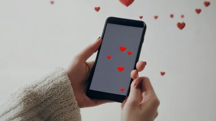 Woman is using a dating app on smartphone with red hearts flying around, symbolizing online connection, love, and virtual affection in social media