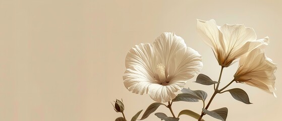 Fototapete - A close-up of a representation of a moonflower on a light beige backdrop with an extensive area for text using an ornamental piece, Generative AI.