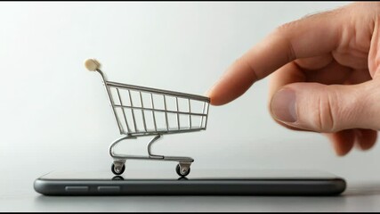 Poster - Finger is pushing a miniature shopping cart on a smartphone, representing the concept of online shopping, e commerce, and mobile payments