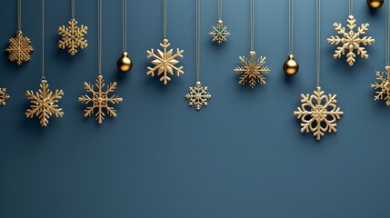 Poster - An up-close perspective on golden snowflakes lying on a blue foreground with plenty of background content area, Generative AI.
