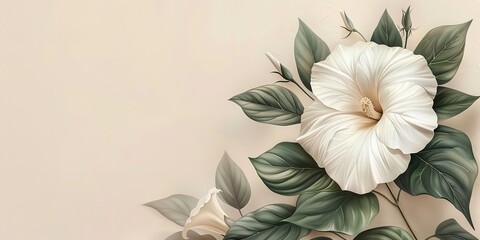 Fototapete - A close-up of a representation of a moonflower on a light beige backdrop with an extensive area for text using an ornamental piece, Generative AI.