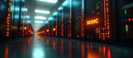 Poster - High-Tech Server Room with Glowing Racks and Advanced Data Equipment