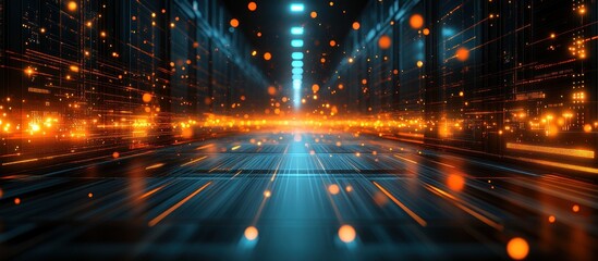 Poster - Futuristic High-Tech Server Room with Glowing Lights and Digital Energy Flow