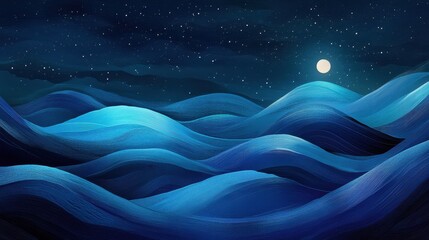 Poster - Serene Night Waves Under Starry Sky with Full Moon Glow