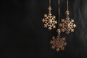 Poster - An up-close perspective on golden snowflakes lying on a black foreground with plenty of background content area, Generative AI.