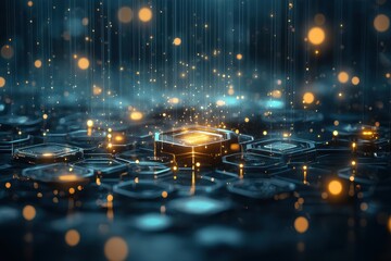 Poster - A stunning digital landscape showcasing hexagonal patterns illuminated by glowing particles, creating a mesmerizing interplay of light and technology that captivates the imagination.