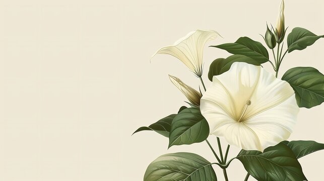 A close-up of a representation of a moonflower on a light beige backdrop with an extensive area for text using an ornamental piece, Generative AI.
