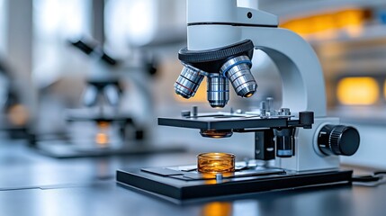 Poster - A close-up of a microscope on a laboratory table, indicating scientific research.
