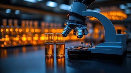 Poster - A laboratory microscope beside two test tubes filled with a golden liquid.