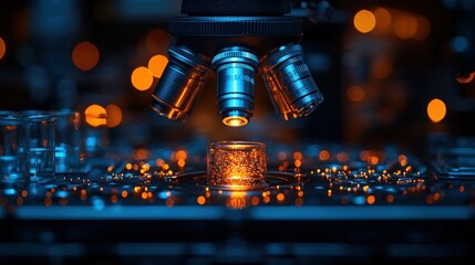 Poster - A microscope focusing on a glowing sample on a laboratory table, showcasing scientific exploration.