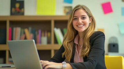 Poster - Businesswoman Smiling at Desk with Laptop in Modern Office Setting
