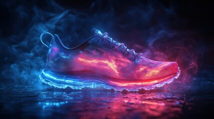 Poster - A futuristic running shoe illuminated with vibrant red and blue lights amidst a smoky background.