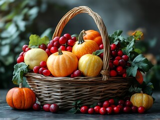 Autumn harvest pumpkins, cranberries in wicker basket. (1)