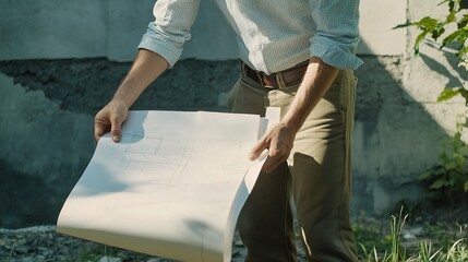 Poster - Architect Reviewing Construction Blueprints Outdoors in Natural Light