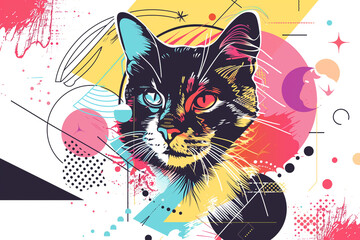Aufkleber - A lively and colorful line art of a cat with abstract geometric shapes surrounding the cat.