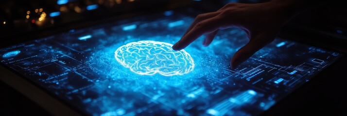 Poster - Human Hand And Digital Brain Hologram On Futuristic Interface, Concept Of AI And Neural Networks