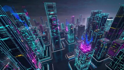Poster - futuristic cityscape with glowing skyscrapers and vibrant neon lights at nighttime