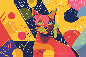 Aufkleber - A lively and colorful line art of a cat with abstract geometric shapes surrounding the cat.