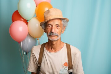 Wall Mural - A man wearing a hat and a white shirt stands in front of a bunch of balloons