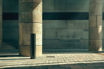 Poster - Sunlight illuminating concrete pillars and a trash can in a deserted urban setting