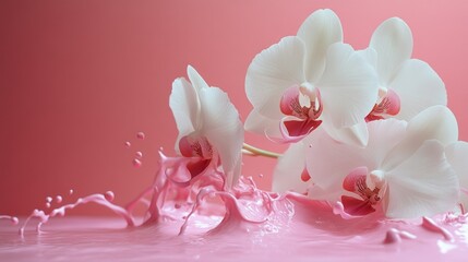 Poster - Vibrant Pink Paint Splash with White Orchids on Soft Background