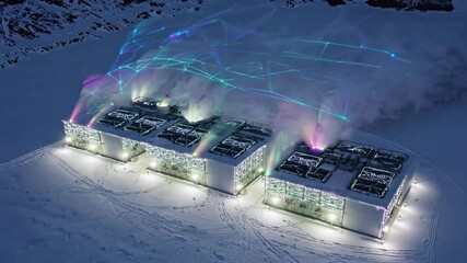 Fototapete - Unique illuminated structures emit colorful vapors in Arctic landscape at night