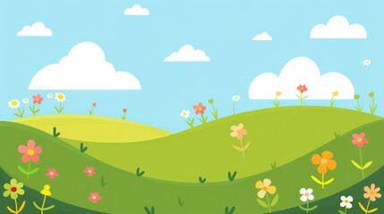 illustration cartoon simple meadow hill landscape blue sky and cloud flower and atmosphere