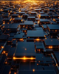 Poster - An intricate view of a futuristic digital landscape filled with glowing black blocks and luminous lines, symbolizing advanced technology and digital connectivity in a mesmerizing visual display.