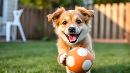 Wall Mural - a cute dog playing with a ball in the backyard, with a cheerful and adorable expression