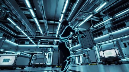 Fototapete - Advanced robotic arms lift and move containers in a high-tech warehouse environment at night