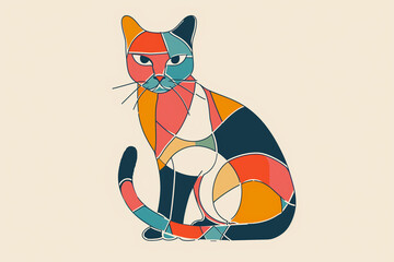 Poster - A minimalistic yet colorful line art of a cat with each part of the cat's body in a different vibrant hue.