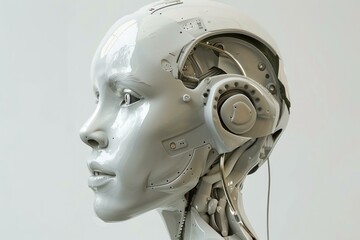 Poster - 3d rendered illustration of a white and chrome android looking to the side with exposed mechanic parts