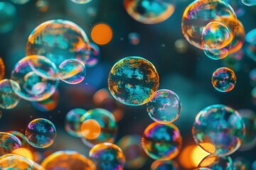 Poster - Colorful soap bubbles floating and creating an abstract background with bokeh lights