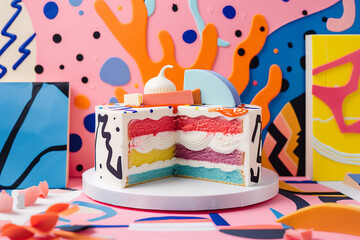 Poster - Cake with geometric patterns, bold colors, and artistic frosting designs.
