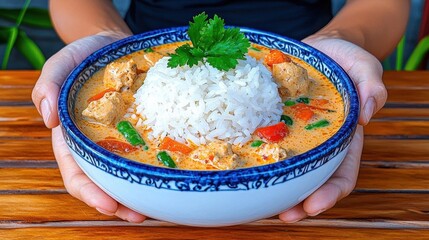 A yoga class with a traditional Thai curry with rice and vegetables. High Quality