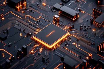 Poster - A close-up of a high-tech circuit board, featuring intricate paths and vibrant orange lighting that highlight the complex connections and advanced technology.