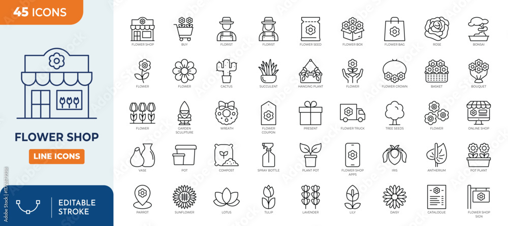 Flower shop icon set. Contains icons of flower shop, bouquet, tulips ...