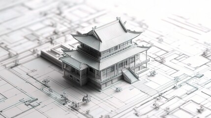 Fototapete - Detailed Architectural Blueprint Concept with 3D Model Design