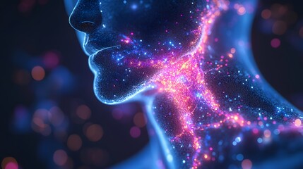 Aufkleber - Digital art depicting a glowing human neck and face with vibrant energy lines. Abstract and futuristic, showing intricate detail. Thyroid gland detailed