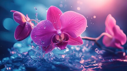 Poster - Vibrant Pink Orchid with Splashes of Water and Neon Colors