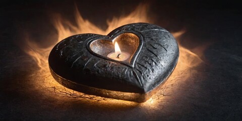 Poster - A heart shaped candle with a lit flame sits on a table