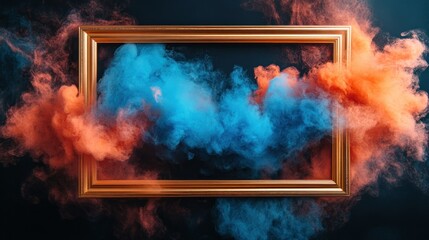 Poster - Antique Gold Frame Surrounded by Bright Colorful Smoke in Artistic Composition