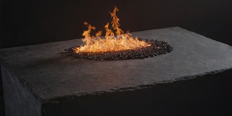 Poster - A fire is burning in a small fire pit on a stone slab