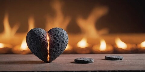 Poster - A heart made of stone is broken in half, with a fire in the background